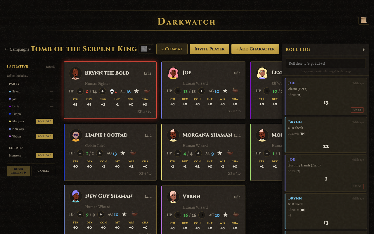 Initiative tracker showing a dying character with skull countdown and Roll Recovery button
