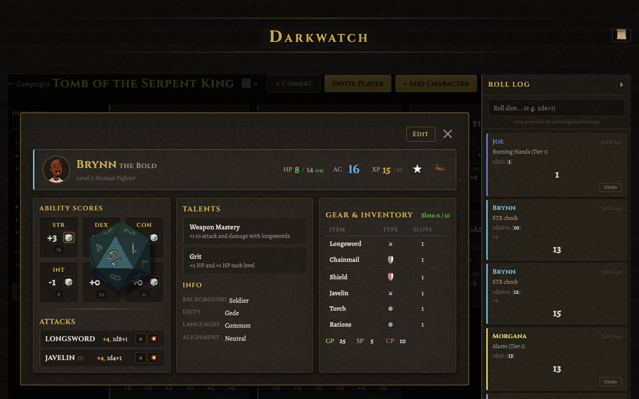 3D dice rolling with character-colored dice and shared roll log