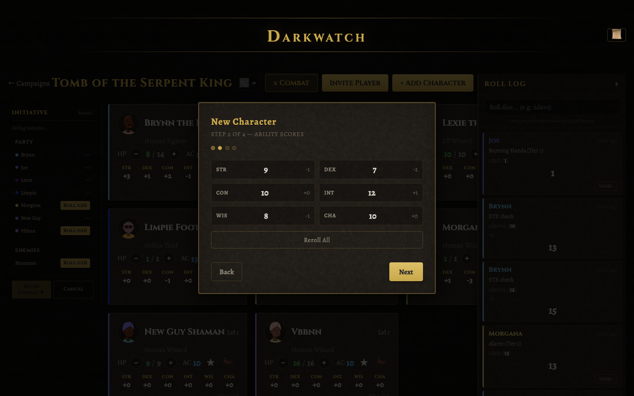 Character creation wizard showing 3d6 stat rolling