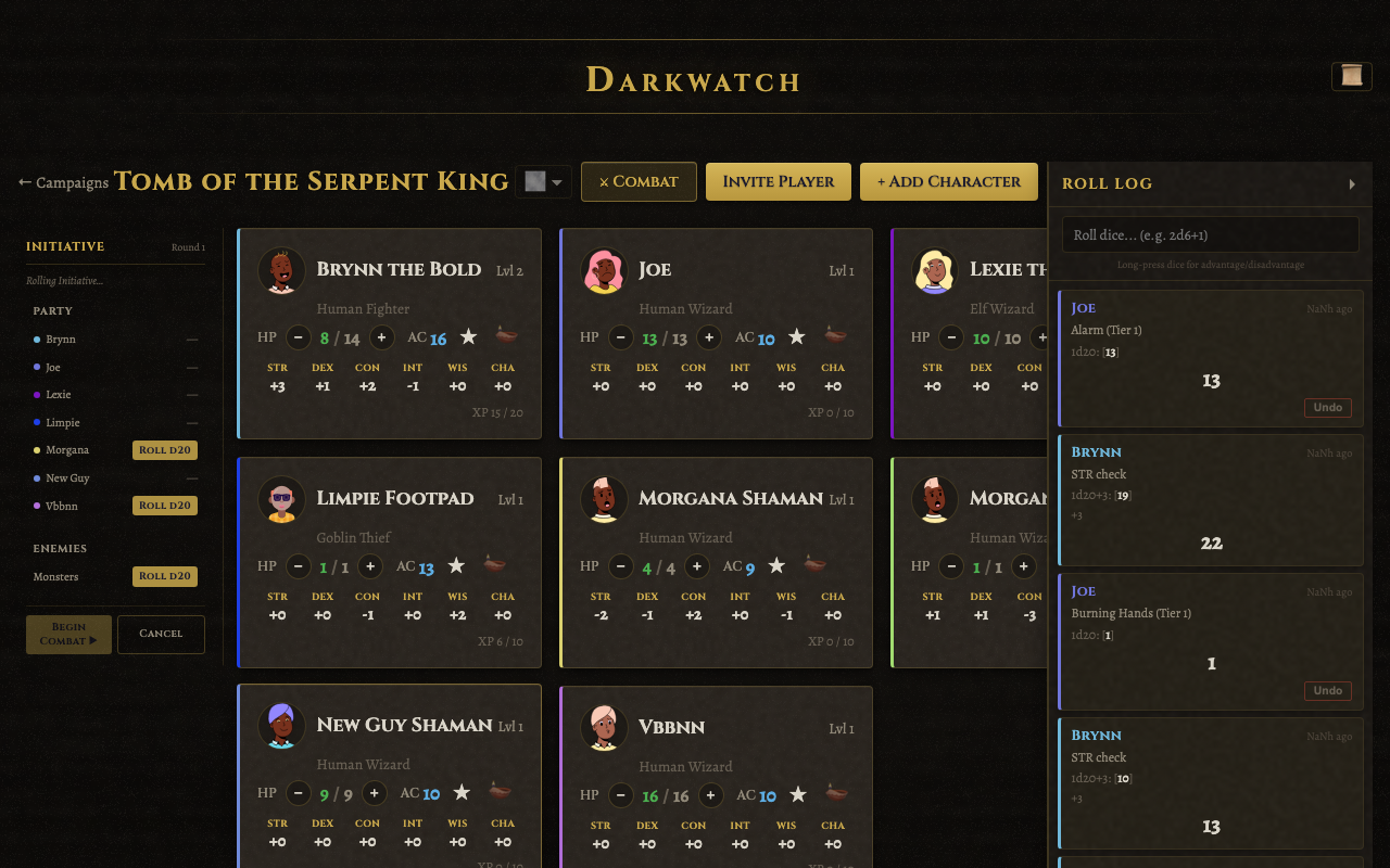 Initiative tracker showing party vs enemies with round counter