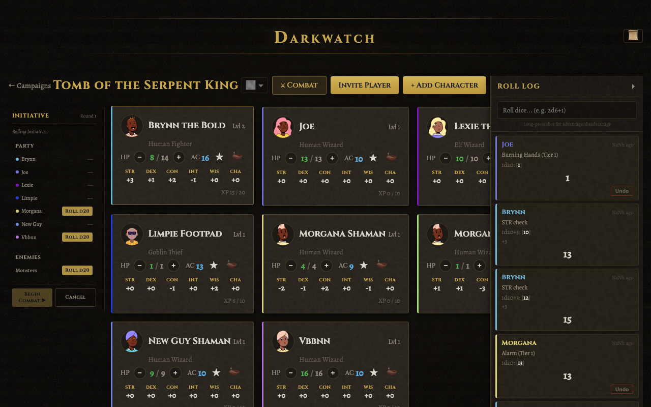 DM view showing compact character cards for the whole party