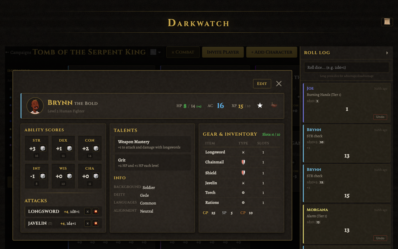 Darkwatch character sheet showing stats, gear, and talents