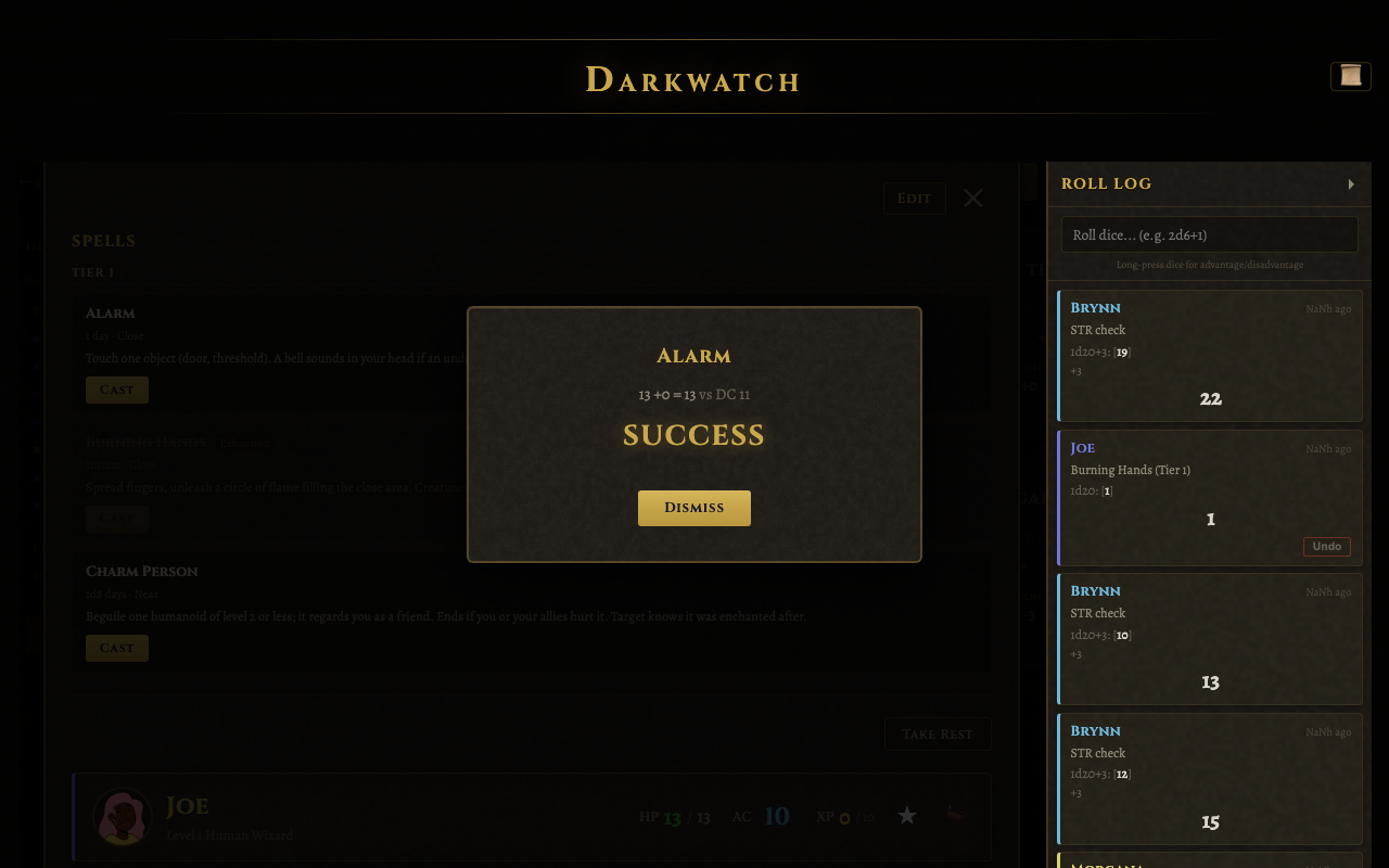 Spellcasting panel with spell slots and exhaustion tracking